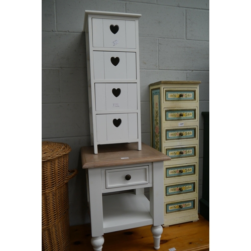 2296 - A white painted chest of four drawers with heart cut-outs, together with a bedside chest with oak to... 