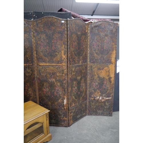 2332 - A Victorian embossed leather four fold room screen, some wear and tear