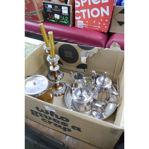 2395 - A plated metal tray with tea and coffee set, together with a biscuit barrel and a pair of copper can... 