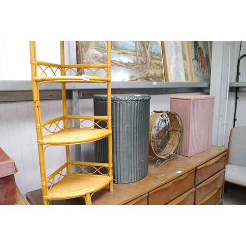 2427 - Two Lloyd Loom linen bins and trolley, corner shelf and wine rack