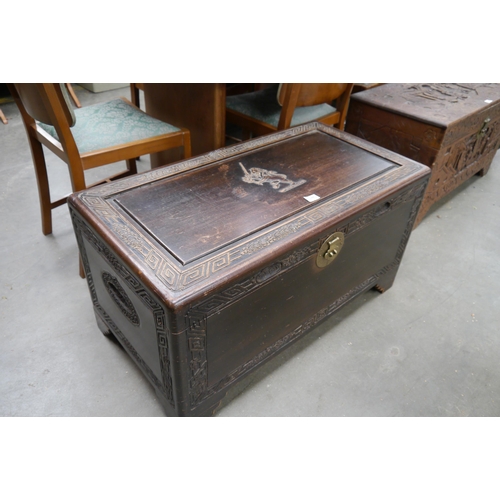 2462 - A 1920's camphor wood blanker box with lion and sword top