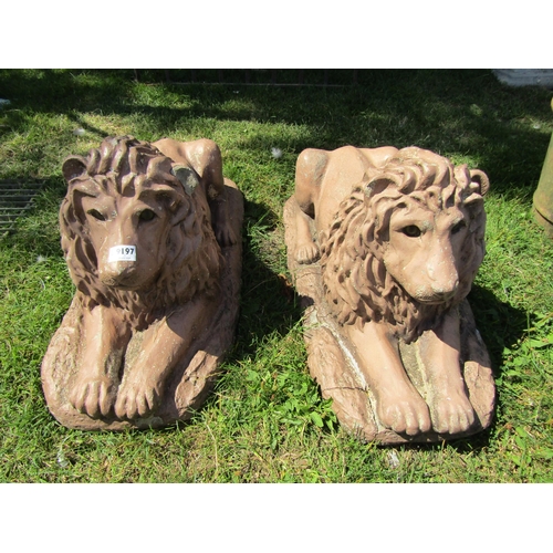 3234 - A pair of composition recumbent lions with glass eyes, approx. 28