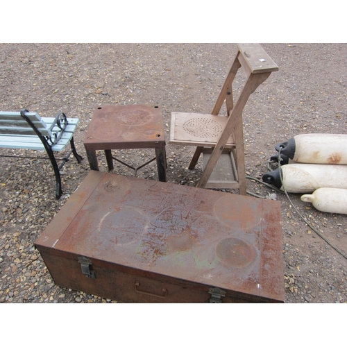 3264 - A large metal chest, metal table and a folding wooden chair