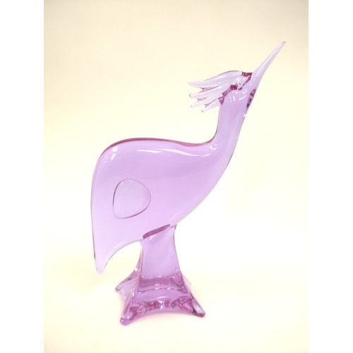 7264 - A Murano hand blown glass figure of a stylised bird on plinth in pale purple. Signature to base, Zan... 