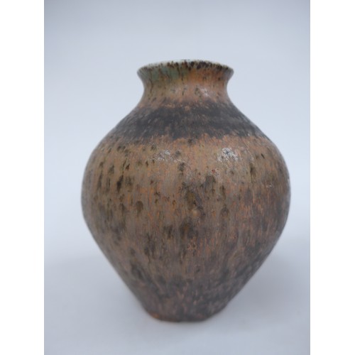 7061 - Two studio pottery vases, largest example with mottled green/grey glaze, incised R.S to base, 21cm h... 