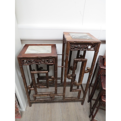 6019 - A Chinese hardwood two tier plant stand with marble inlay to top, 94cm at tallest x 75cm x 31cm