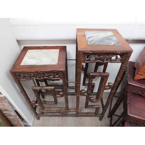 6019 - A Chinese hardwood two tier plant stand with marble inlay to top, 94cm at tallest x 75cm x 31cm