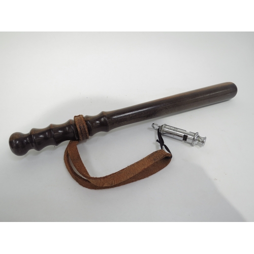 6282 - A hard wood truncheon and J. Hudson A.R.P whistle