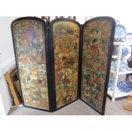 6072 - An ebonised framed early 20th Century decoupage three-fold room  screen, Decoupage detail to front a... 