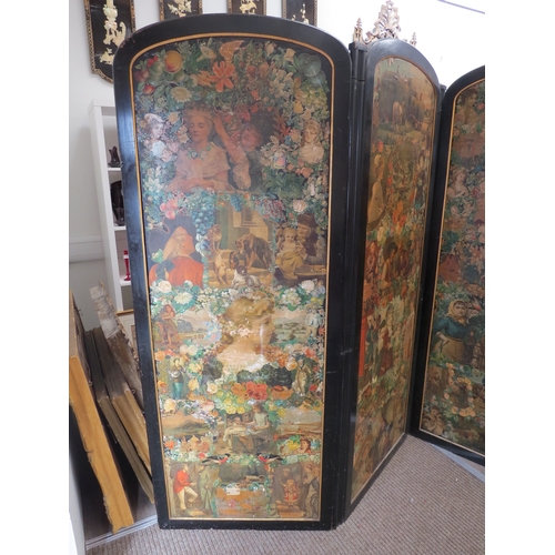 6072 - An ebonised framed early 20th Century decoupage three-fold room  screen, Decoupage detail to front a... 