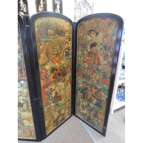 6072 - An ebonised framed early 20th Century decoupage three-fold room  screen, Decoupage detail to front a... 