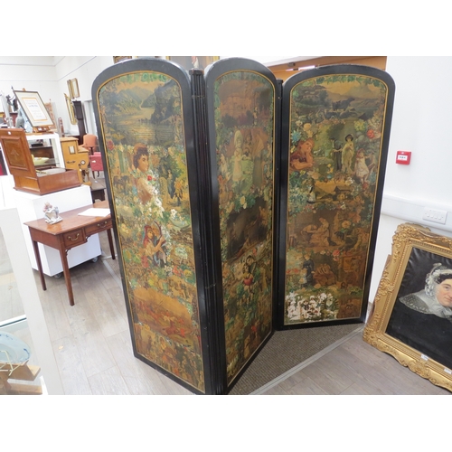 6072 - An ebonised framed early 20th Century decoupage three-fold room  screen, Decoupage detail to front a... 