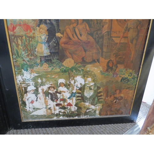 6072 - An ebonised framed early 20th Century decoupage three-fold room  screen, Decoupage detail to front a... 