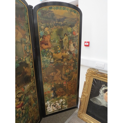 6072 - An ebonised framed early 20th Century decoupage three-fold room  screen, Decoupage detail to front a... 