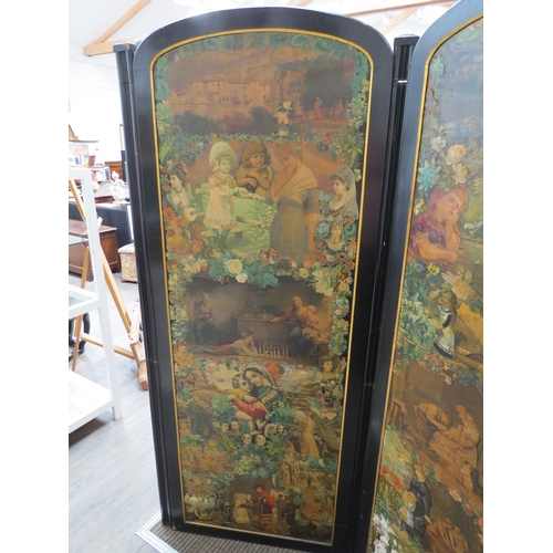 6072 - An ebonised framed early 20th Century decoupage three-fold room  screen, Decoupage detail to front a... 