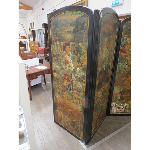 6072 - An ebonised framed early 20th Century decoupage three-fold room  screen, Decoupage detail to front a... 