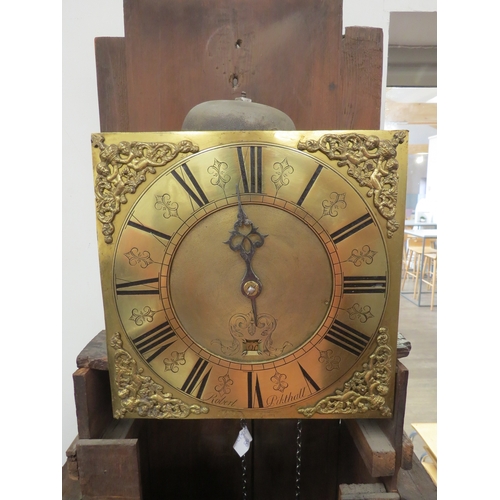 6062 - A late 18th Century oak long case clock, with brass square face and black roman numerals to the chap... 