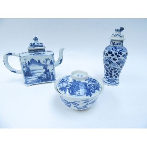 6258 - A 19th Century square form Oriental teapot, miniature lidded vase and rice bowl with cover, chips pr... 