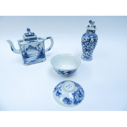 6258 - A 19th Century square form Oriental teapot, miniature lidded vase and rice bowl with cover, chips pr... 