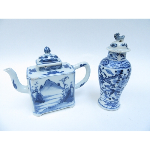 6258 - A 19th Century square form Oriental teapot, miniature lidded vase and rice bowl with cover, chips pr... 