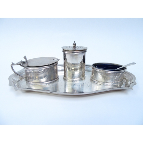 6351 - A J.B.Chatterley & Son Ltd silver 3 piece cruet set, Birmingham 1986 on an associated Albert Edward ... 