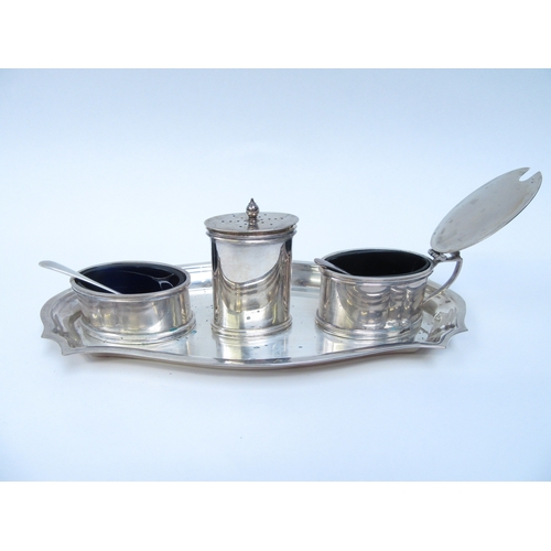 6351 - A J.B.Chatterley & Son Ltd silver 3 piece cruet set, Birmingham 1986 on an associated Albert Edward ... 