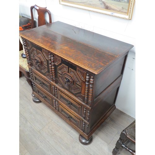 6037 - An 19th Century oak Jacobean style chest of three drawers on bun feet, 91cm x 95cm x 53cm