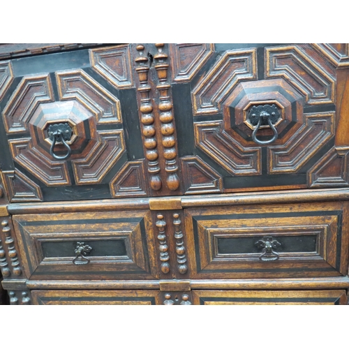 6037 - An 19th Century oak Jacobean style chest of three drawers on bun feet, 91cm x 95cm x 53cm