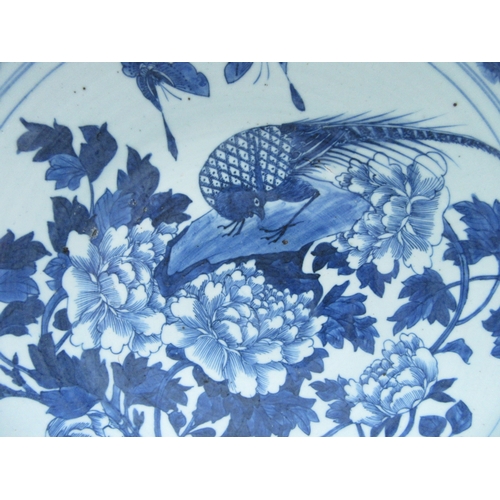 6012 - An 18th Century Chinese blue and white charger decorated with flowers and golden pheasant, four char... 