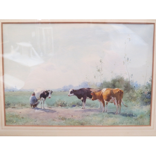 6106 - ADRIANUS JOHANNES GROENEWEGEN (1874-963)  Cattle in field one being milked, watercolour, 20cm x 29cm