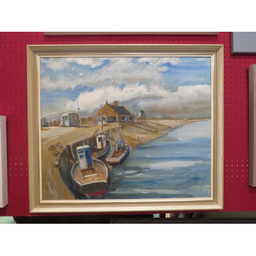 4032 - LEON BRADFORD: An oil on board of a coastal quayside scene at low tide.  Signed and dated 1977 lower... 