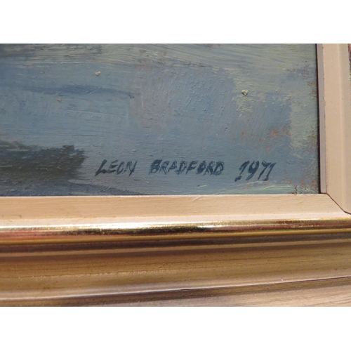 4032 - LEON BRADFORD: An oil on board of a coastal quayside scene at low tide.  Signed and dated 1977 lower... 