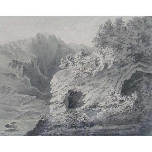 4047 - JAMES BOURNE (1773-1854): A framed and glazed watercolour, mountainous landscape, monochrome, 28.5cm... 