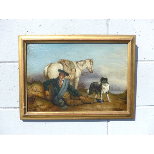 4105 - A 19th Century oil on canvas, man reclining accompanied by a horse and dog, after the work by Richar... 