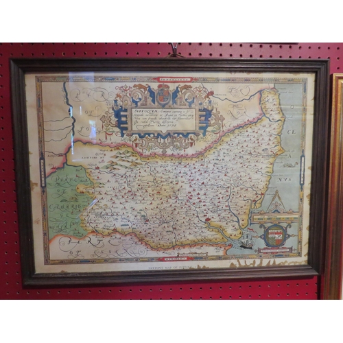 4113 - A 20th Century reproduction Saxton's Map of Suffolk 1575, framed and glazed, 35cm x 51cm to size