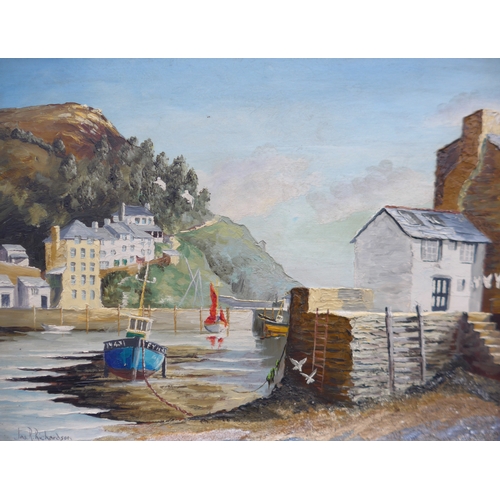 1064 - JAMES R. RICHARDSON (XX) A framed oil and sand on board, view of Polperro Harbour, Cornwall. Signed ... 