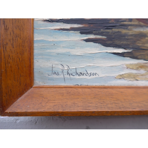 1064 - JAMES R. RICHARDSON (XX) A framed oil and sand on board, view of Polperro Harbour, Cornwall. Signed ... 