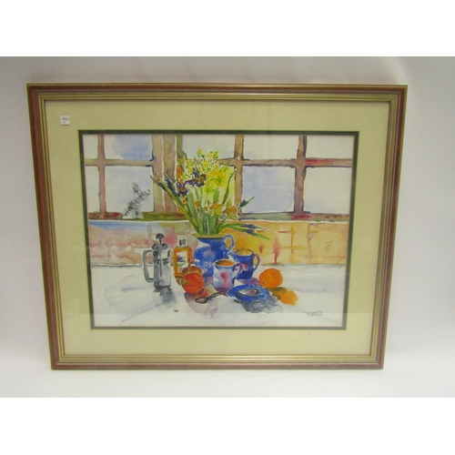 4500 - M.A.MILLS (XX/XXI): Two framed and glazed watercolours - Still-life of breakfast table, 30cm x 40cm ... 