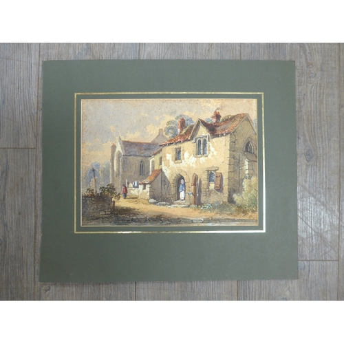 4499 - A 19th Century watercolour, unframed but mounted, figures outside Priory dwellings. Unsigned, writte... 