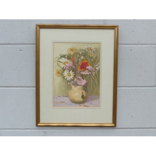 1052 - A framed and glazed watercolour still life, ceramic jug of flowers. Unsigned. Image size 33.5cm x 24... 