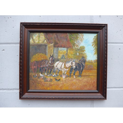 1060 - A framed oil on board of working horses and cart at stable with chickens and pigs. Image size 27cm x... 