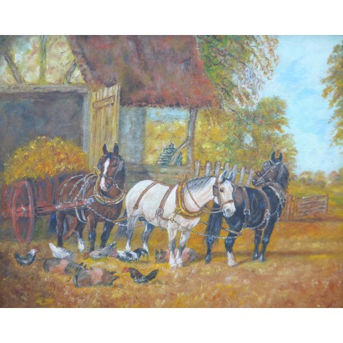 1060 - A framed oil on board of working horses and cart at stable with chickens and pigs. Image size 27cm x... 