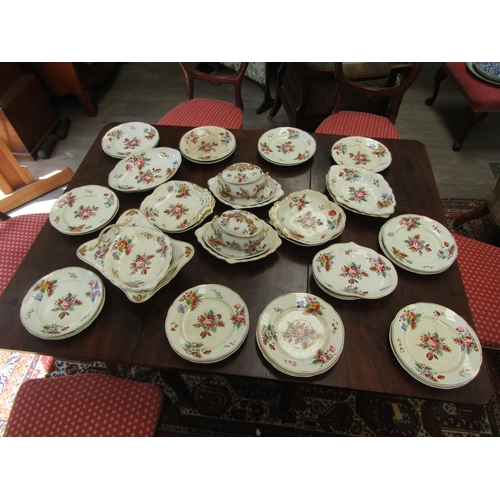 4383 - Derby hand-painted dinner service approx. 34 pieces, discolouration present and gilding rubbed