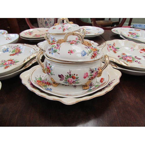 4383 - Derby hand-painted dinner service approx. 34 pieces, discolouration present and gilding rubbed