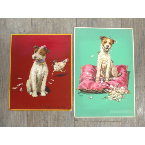 4361 - Two early 20th Century mixed media on card studies of Terriers, one titled 'A Feather in his Cap'. B... 