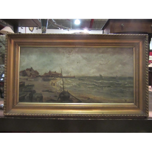 4353 - A 19th Century oil on canvas of coastal scene with figures on shore and buildings, monogrammed and d... 