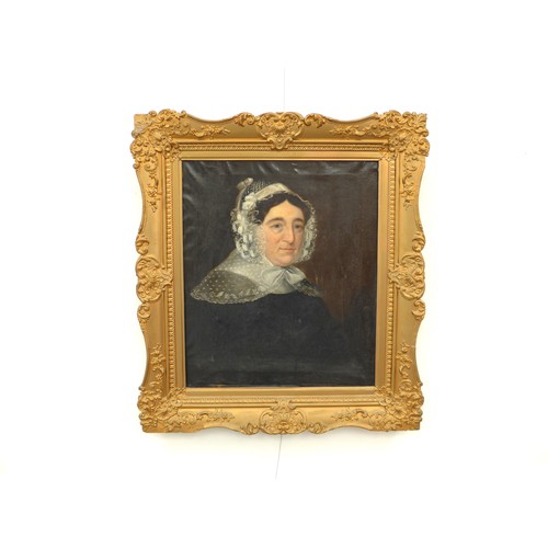 4240 - A Victorian oil on canvas portrait of a lady wearing lace bonnet, no artist name visible, gilt gesso... 