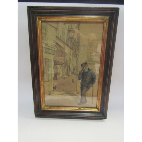 4338 - An unsigned watercolour of Cornish street scene with elderly seaman and cats, 32cm x 20cm, framed an... 