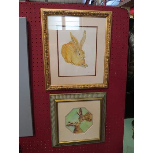 4327 - Two gilt framed watercolours of hares, 23cm x 18cm and 13.5cm x 13.5cm image sizes