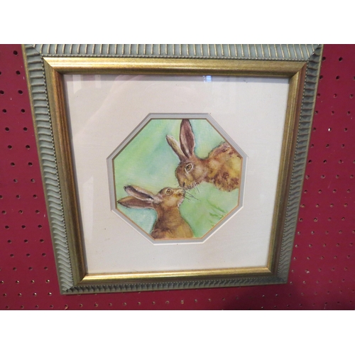 4327 - Two gilt framed watercolours of hares, 23cm x 18cm and 13.5cm x 13.5cm image sizes